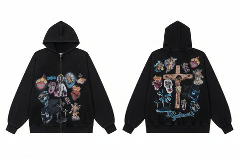 WE ARE RIGHTEOUS RELIGIOUS GRAPHIC WASHED BLACK WAFFLE FULL‑ZIP HOODIE