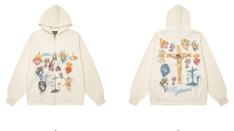 WE ARE RIGHTEOUS RELIGIOUS GRAPHIC WAFFLE FULL‑ZIP HOODIE