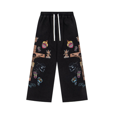 WE ARE RIGHTEOUS RELIGIOUS PRINT WIDE LEG WAFFLE LONG PANTS