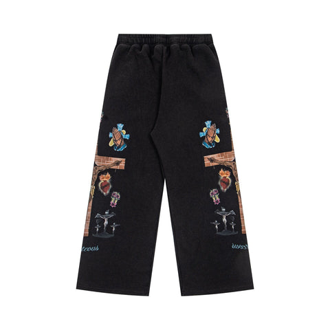 WE ARE RIGHTEOUS RELIGIOUS PRINT WIDE LEG WAFFLE LONG PANTS