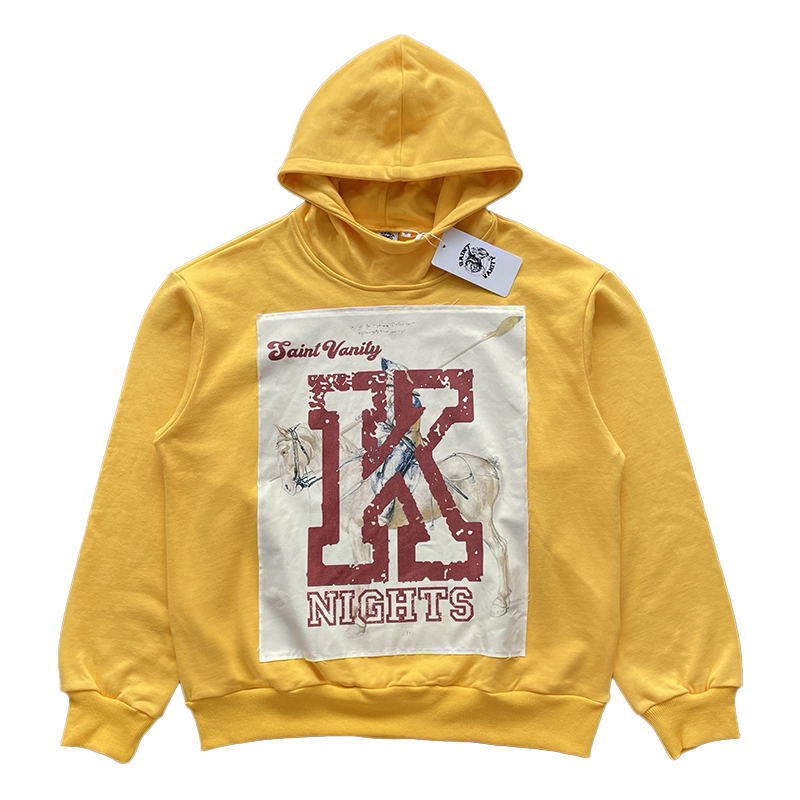 SAINT VANITY NIGHTS HORSE RIDER PATCH HOODIE YELLOW OVERSIZED PULLOVER