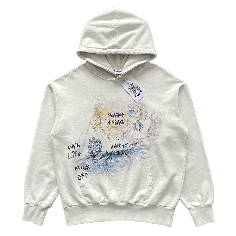SAINT VANITY HAND‑DRAWN ART GRAFFITI HOODIE OFF‑WHITE OVERSIZED PULLOVER