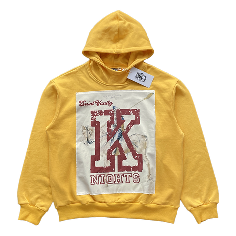 SAINT VANITY NIGHTS HORSE RIDER PATCH HOODIE YELLOW OVERSIZED PULLOVER