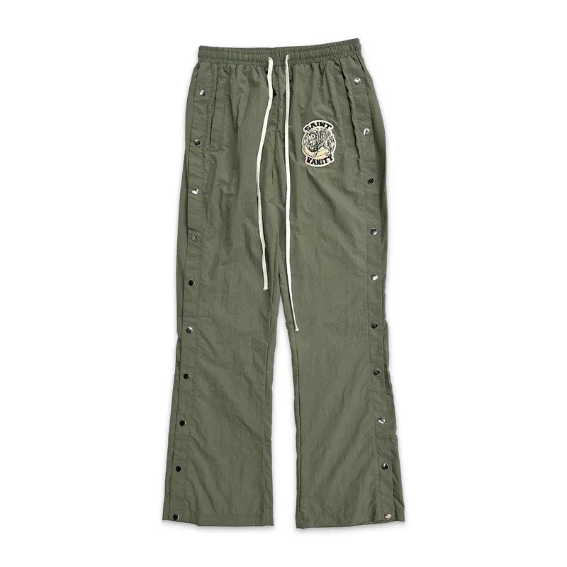 SAINT VANITY Embroidered Side‑Snap Olive Nylon Pants