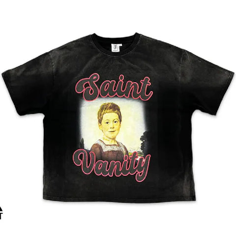 SAINT VANITY PORTRAIT VINTAGE WASH T‑SHIRT BLACK OVERSIZED GRAPHIC TEE