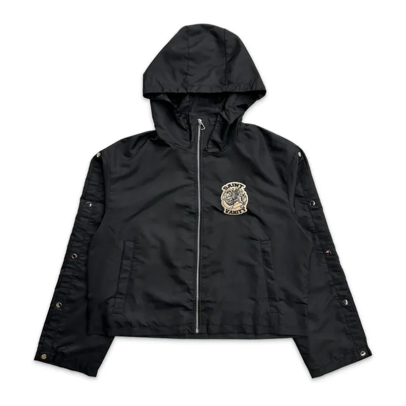 SAINT VANITY Embroidered Zip‑Up Black Hooded Nylon Jacket