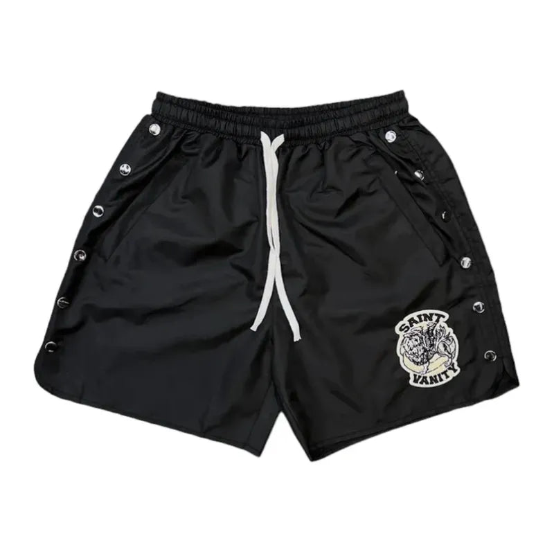 SAINT VANITY Embroidered Snap‑Side Black Nylon Shorts