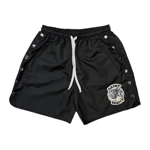 SAINT VANITY Embroidered Snap‑Side Black Nylon Shorts