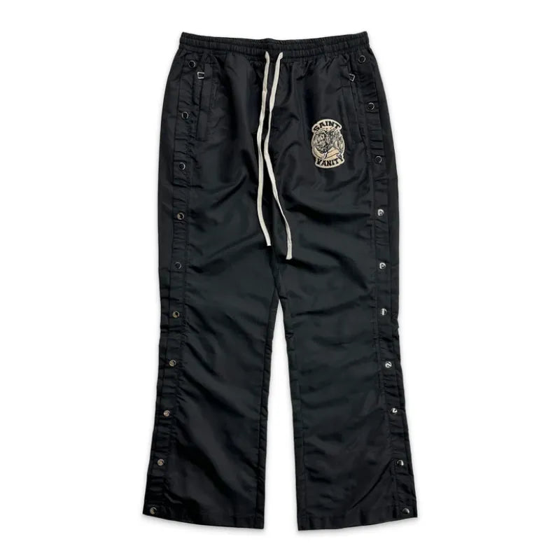 SAINT VANITY Embroidered Side‑Snap Black Nylon Pants