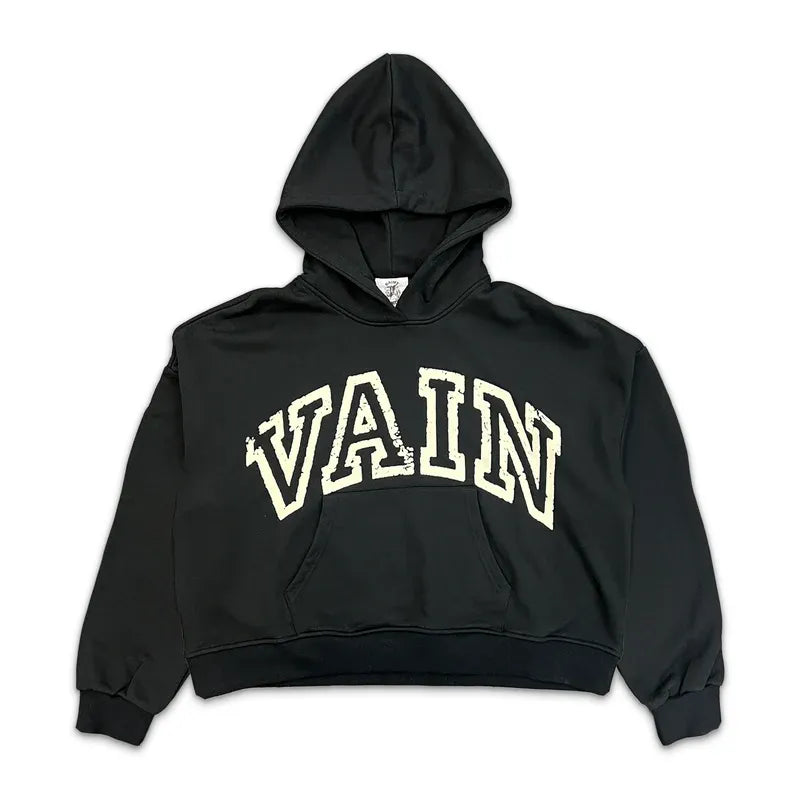 SAINT VANITY VAIN VINTAGE ARCH LOGO HOODIE BLACK OVERSIZED PULLOVER