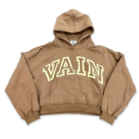 SAINT VANITY VAIN VINTAGE ARCH LOGO HOODIE TAN OVERSIZED PULLOVER