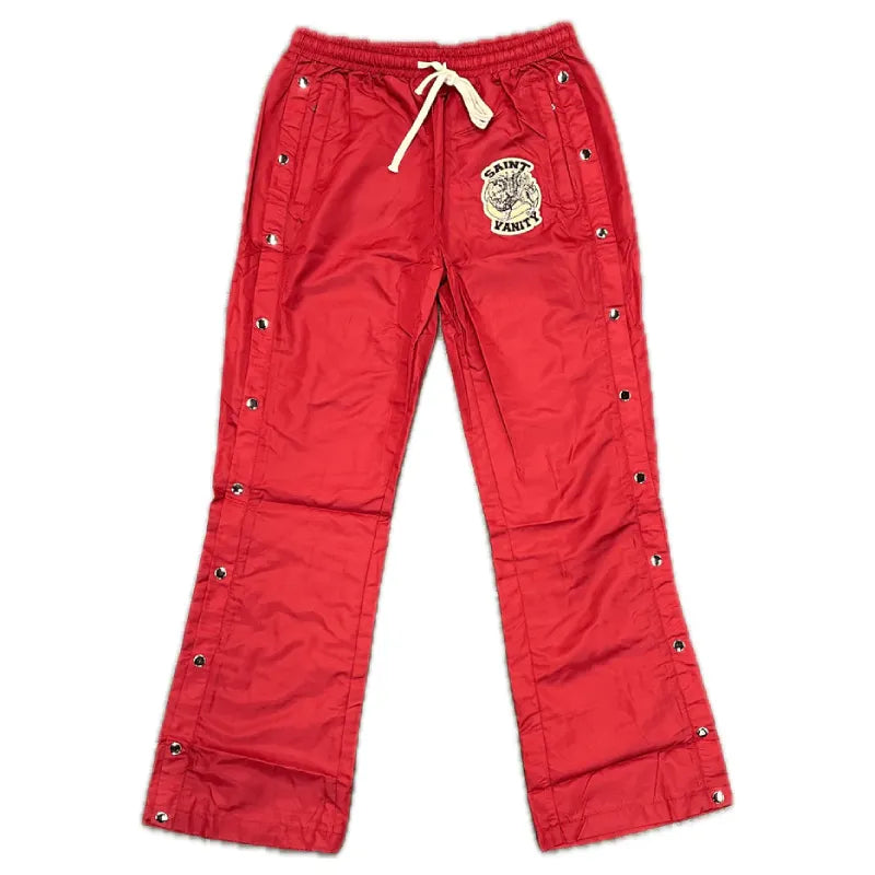 SAINT VANITY Embroidered Side‑Snap Red Nylon Pants