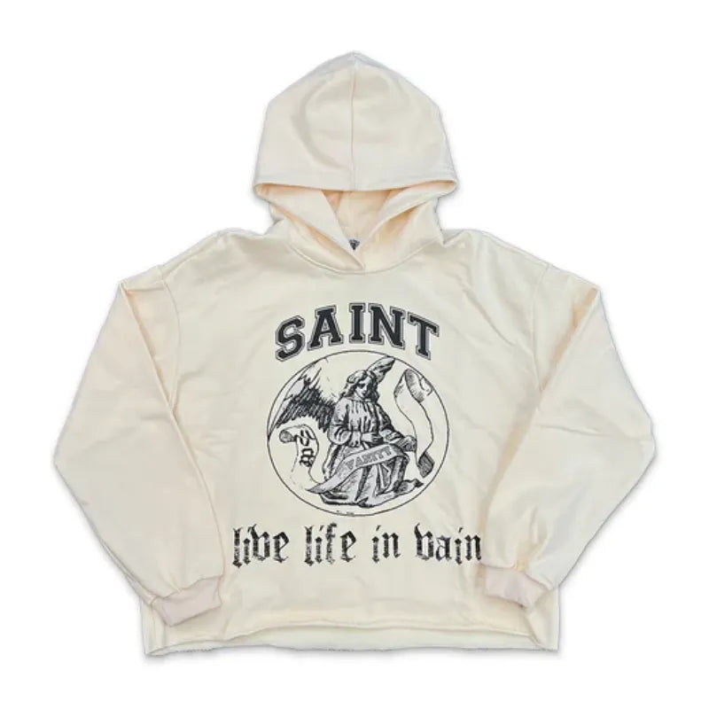 SAINT VANITY ANGEL MEDALLION LIVE LIFE IN VAIN HOODIE OFF‑WHITE OVERSIZED PULLOVER