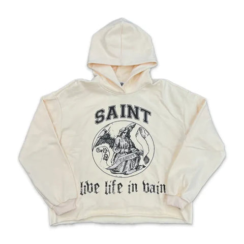 SAINT VANITY ANGEL MEDALLION LIVE LIFE IN VAIN HOODIE OFF‑WHITE OVERSIZED PULLOVER