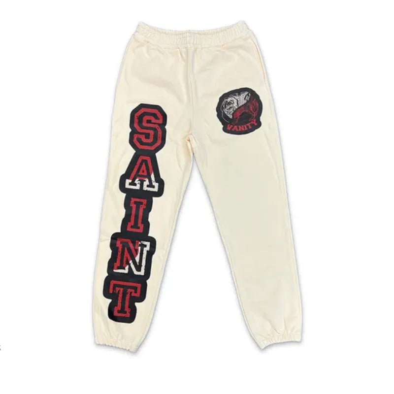 SAINT VANITY Cream Varsity Print Jogger Sweatpants