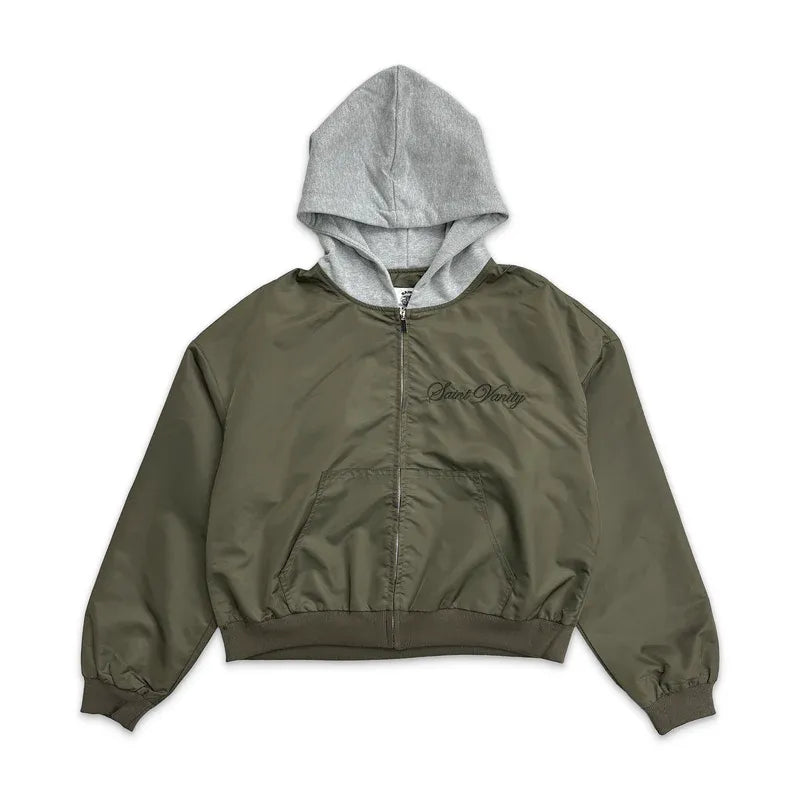 SAINT VANITY Olive Faux Hood Zip‑Up Windbreaker Jacket