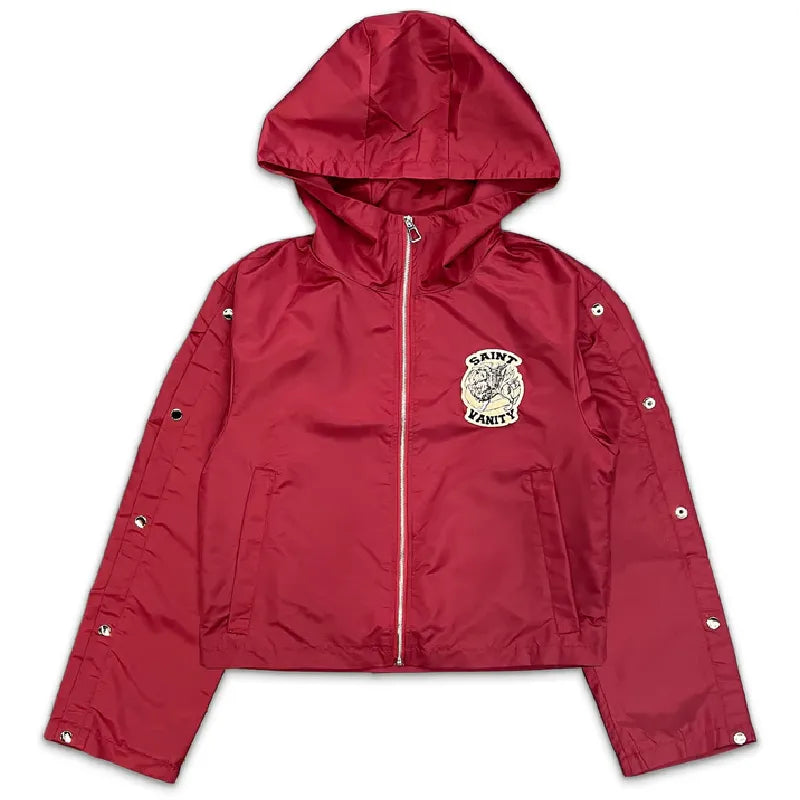 SAINT VANITY Embroidered Zip‑Up Red Hooded Nylon Jacket