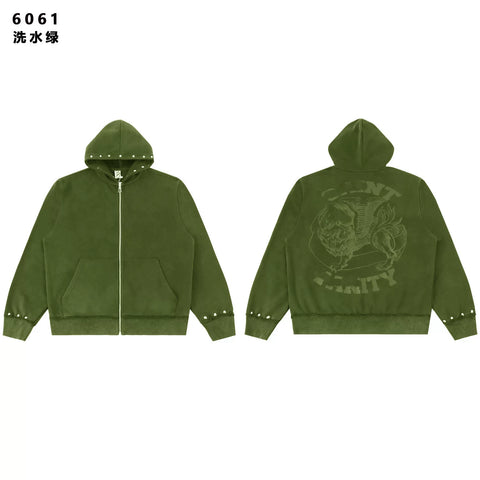 SAINT VANITY Vintage Rhinestone Zip-Up Hoodie - Washed Green