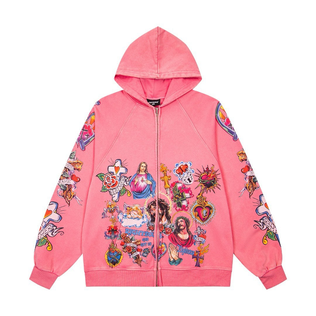 WE ARE RIGHTEOUS RISEN KING TATTOO PRINT ZIP‑UP HOODIE WASHED PINK