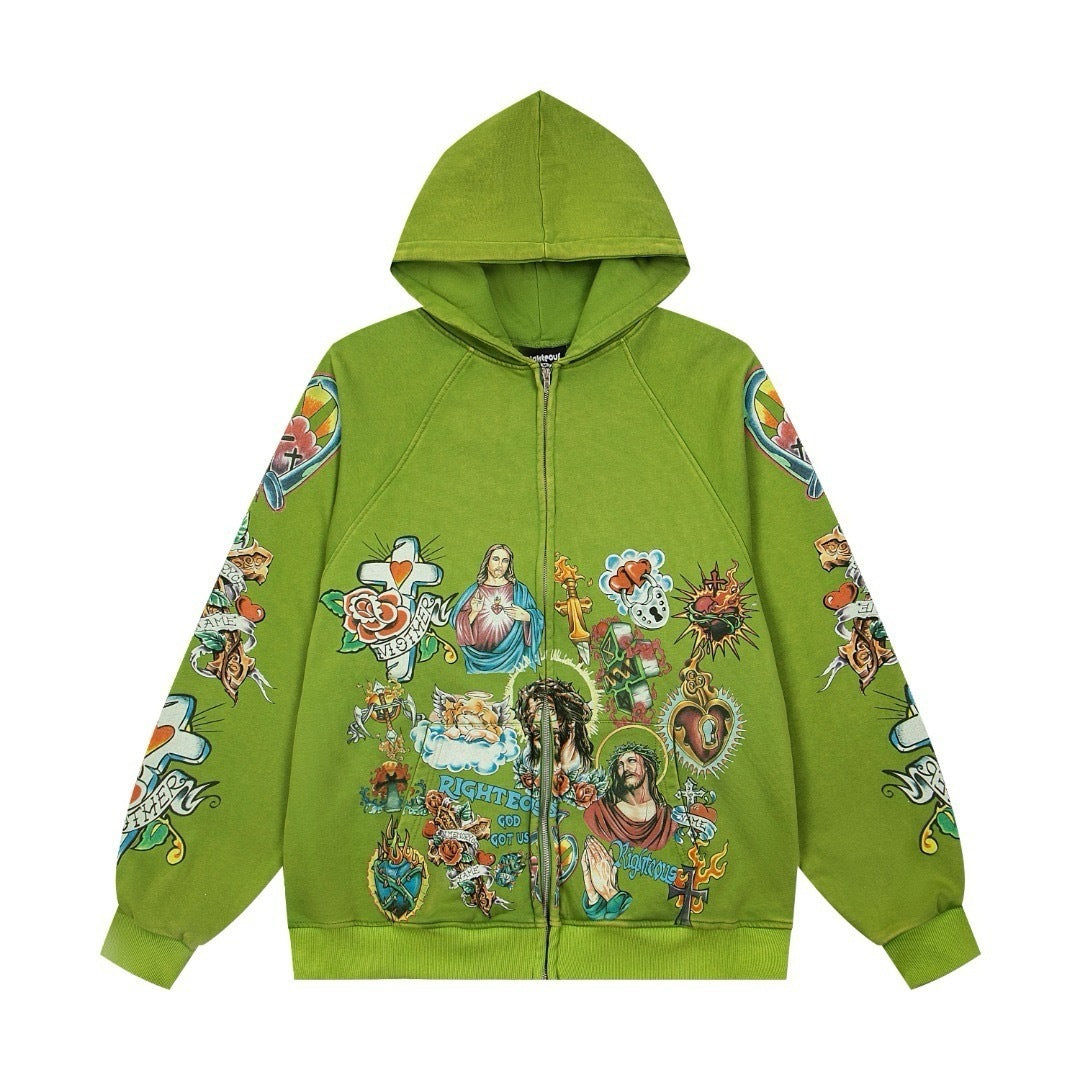 WE ARE RIGHTEOUS RISEN KING TATTOO PRINT ZIP‑UP HOODIE WASHED GREEN