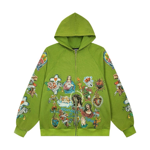 WE ARE RIGHTEOUS RISEN KING TATTOO PRINT ZIP‑UP HOODIE WASHED GREEN