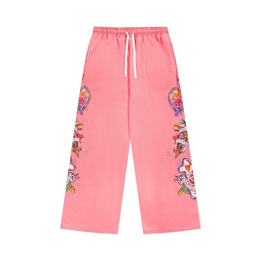 WE ARE RIGHTEOUS TATTOO PRINT WIDE LEG SWEATPANTS WASHED PINK
