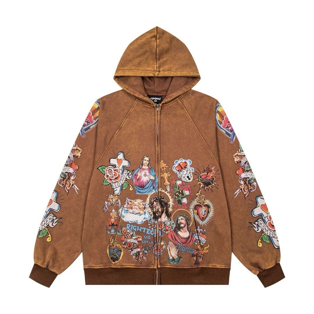 WE ARE RIGHTEOUS RISEN KING TATTOO PRINT ZIP‑UP HOODIE WASHED BROWN