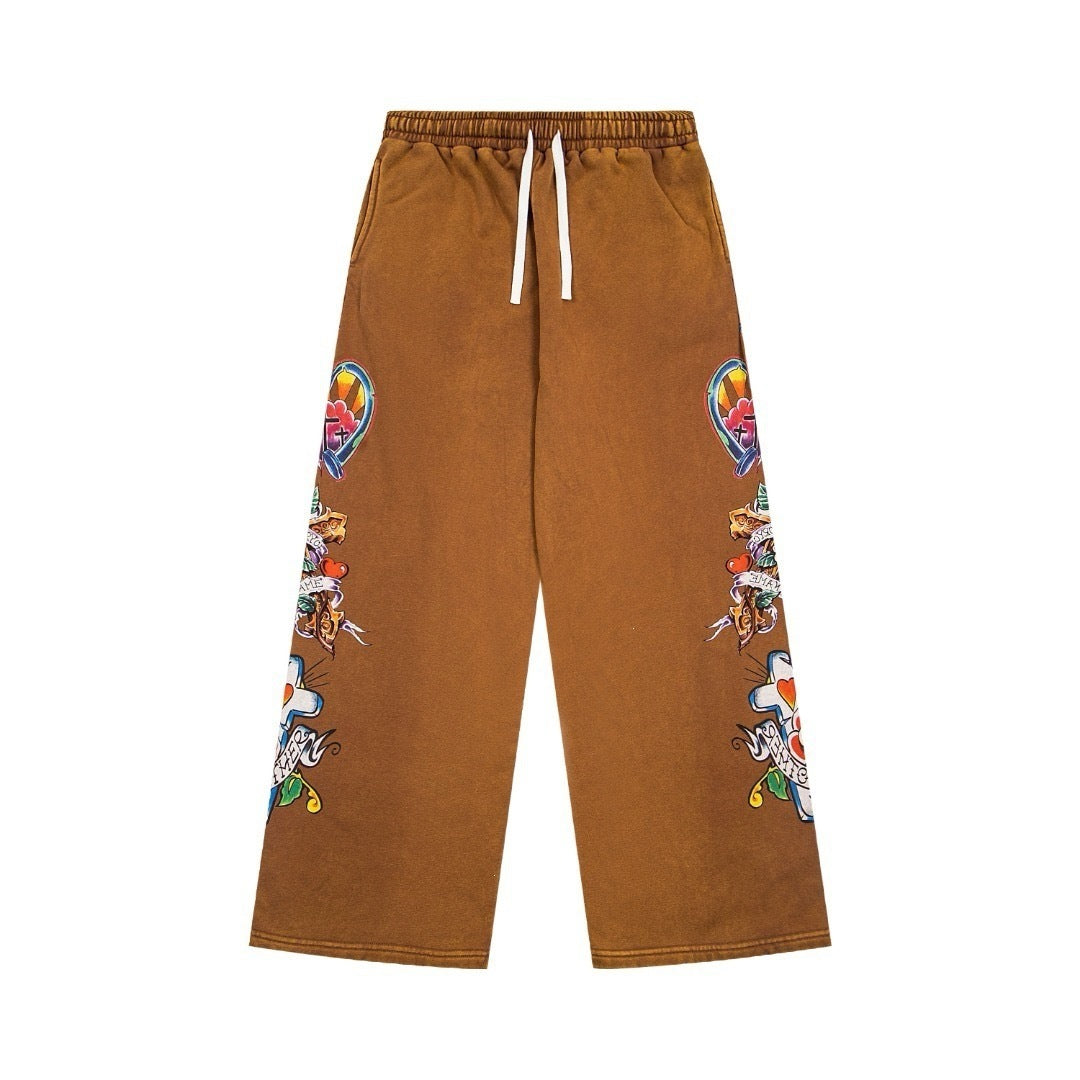 WE ARE RIGHTEOUS TATTOO PRINT WIDE LEG SWEATPANTS WASHED BROWN