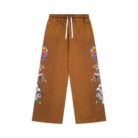 WE ARE RIGHTEOUS TATTOO PRINT WIDE LEG SWEATPANTS WASHED BROWN
