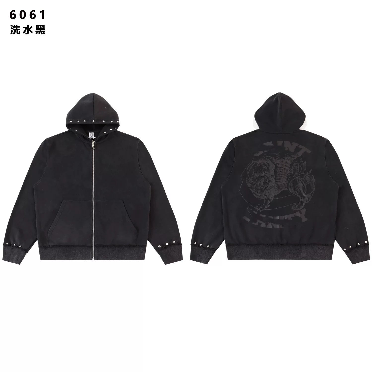 SAINT VANITY Vintage Rhinestone Zip-Up Hoodie-Black