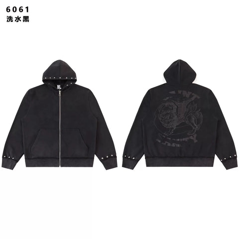SAINT VANITY Vintage Rhinestone Zip-Up Hoodie-Black