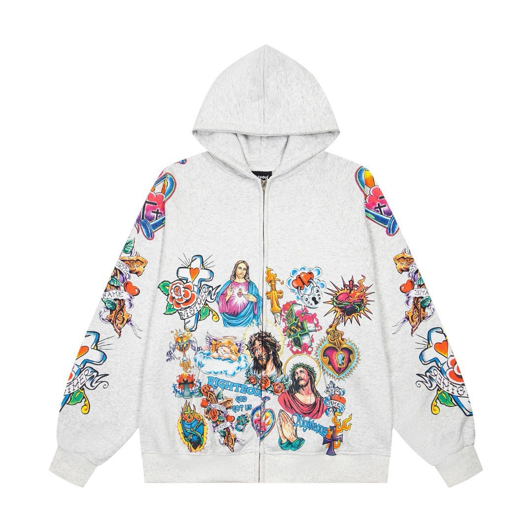 WE ARE RIGHTEOUS RISEN KING TATTOO PRINT ZIP‑UP HOODIE WASHED HEATHER GRAY