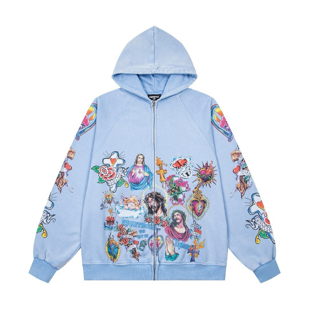 WE ARE RIGHTEOUS RISEN KING TATTOO PRINT ZIP‑UP HOODIE WASHED LIGHT BLUE