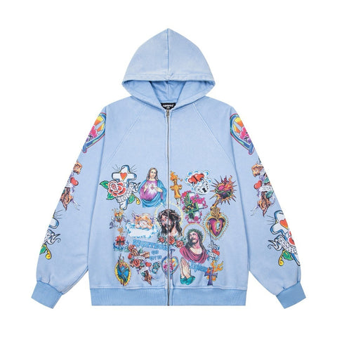 WE ARE RIGHTEOUS RISEN KING TATTOO PRINT ZIP‑UP HOODIE WASHED LIGHT BLUE