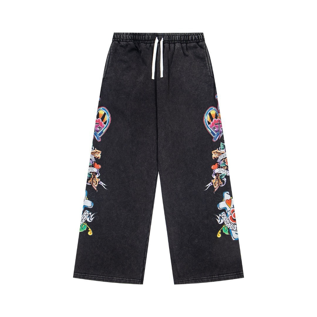 WE ARE RIGHTEOUS TATTOO PRINT WIDE LEG SWEATPANTS WASHED BLACK