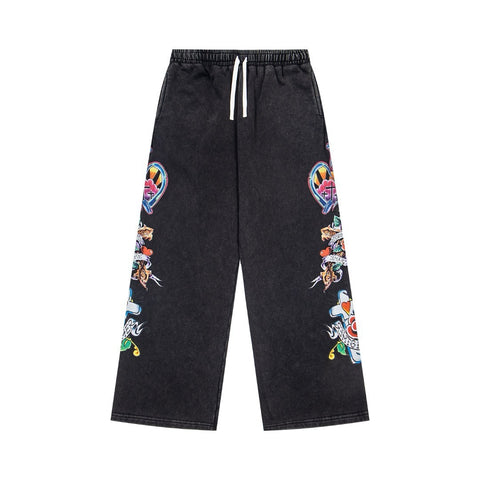 WE ARE RIGHTEOUS TATTOO PRINT WIDE LEG SWEATPANTS WASHED BLACK