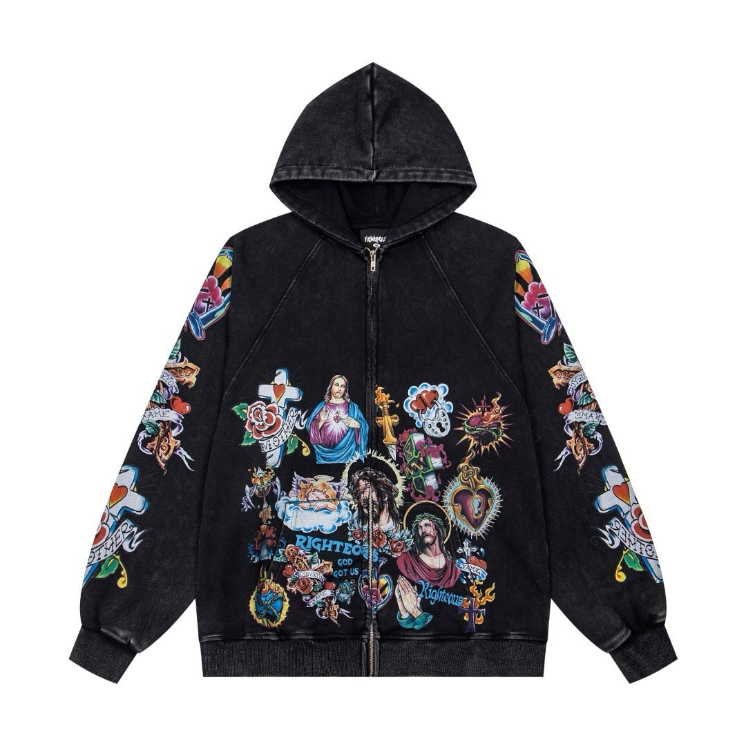 WE ARE RIGHTEOUS RISEN KING TATTOO PRINT ZIP‑UP HOODIE WASHED BLACK