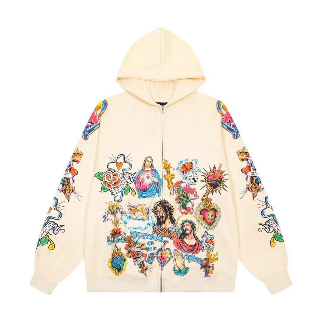 WE ARE RIGHTEOUS RISEN KING TATTOO PRINT ZIP‑UP HOODIE WASHED CREAM