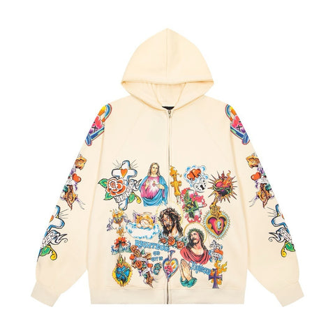 WE ARE RIGHTEOUS RISEN KING TATTOO PRINT ZIP‑UP HOODIE WASHED CREAM