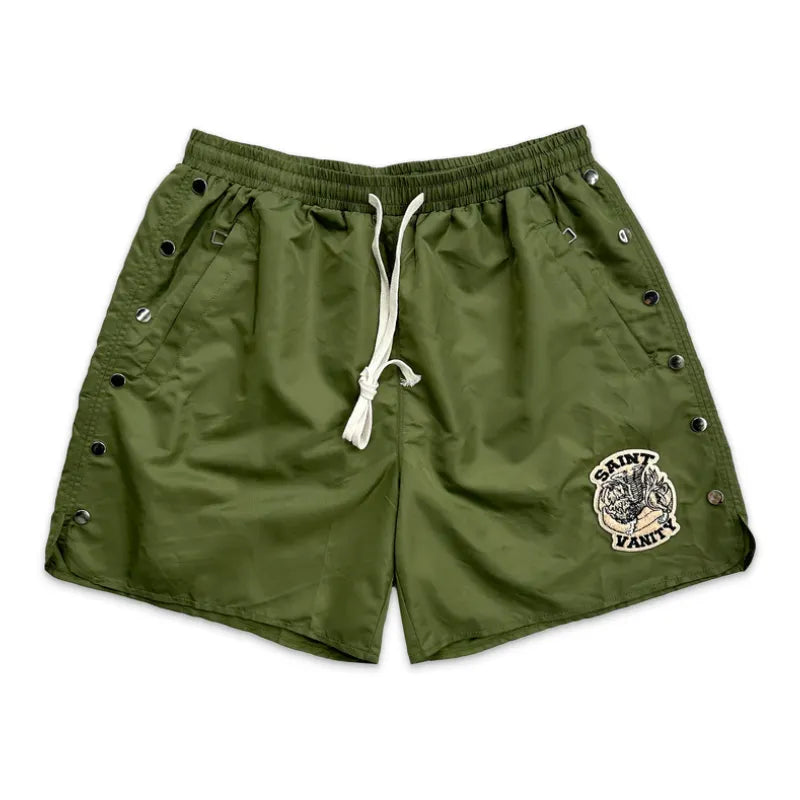 SAINT VANITY Embroidered Snap‑Side Olive Nylon Shorts