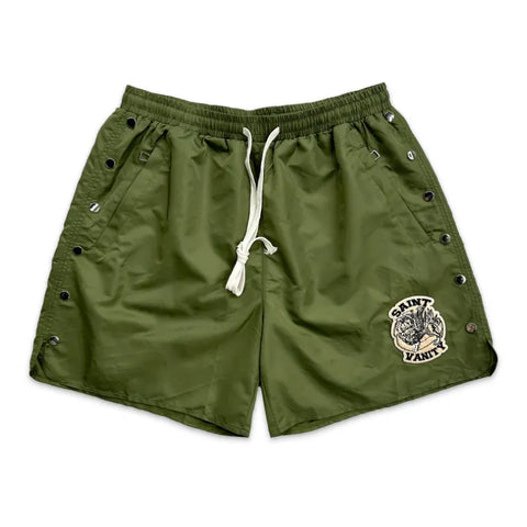 SAINT VANITY Embroidered Snap‑Side Olive Nylon Shorts