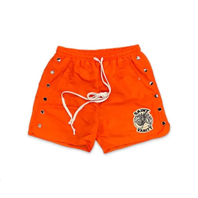 SAINT VANITY Embroidered Snap‑Side Orange Nylon Shorts
