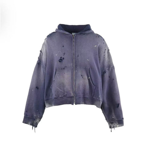 Saint Michael Faded Purple Destroyed Zip‑Up Cropped Hoodie
