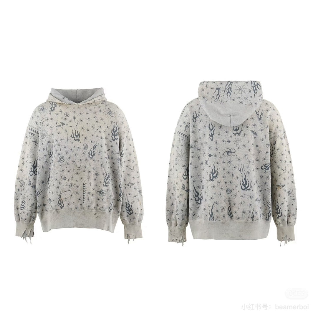 Saint Michael All‑Over Flame Star Print Vintage Distressed Hoodie