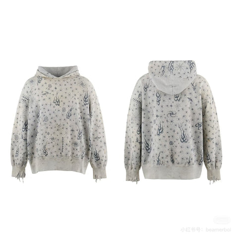 Saint Michael All‑Over Flame Star Print Vintage Distressed Hoodie