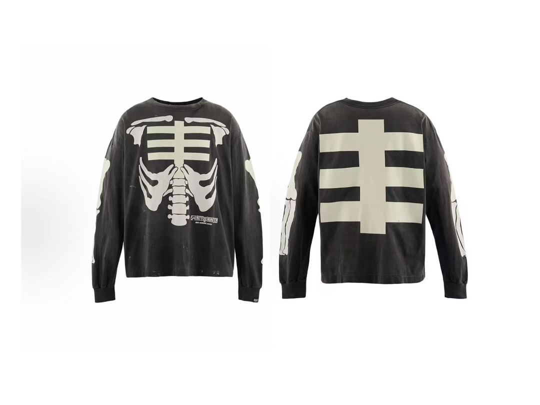 Saint Michael Skeleton Ribcage Vintage Washed Black Long Sleeve Tee