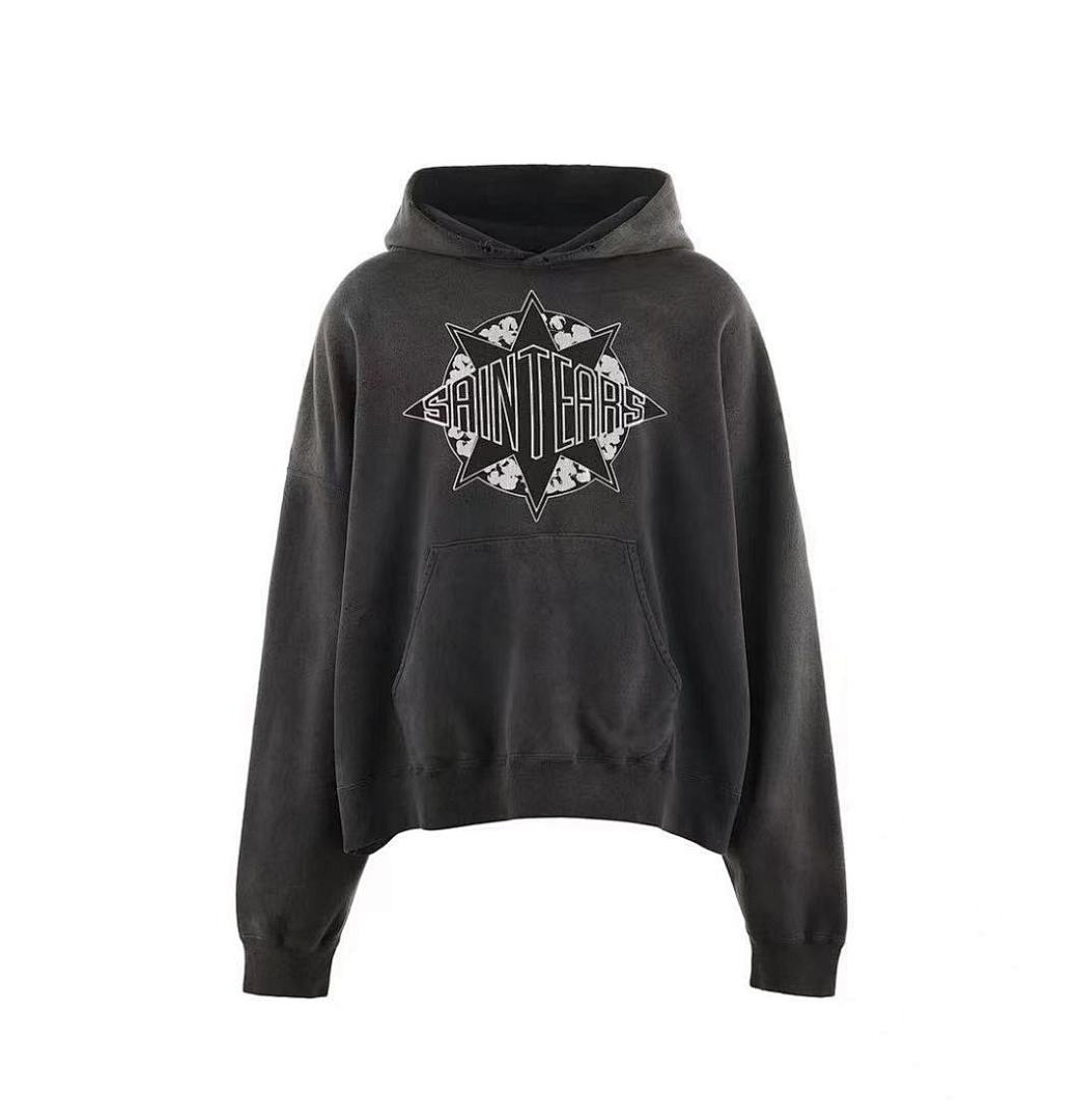 Saint Tears Star Logo Vintage Washed Black Cropped Hoodie