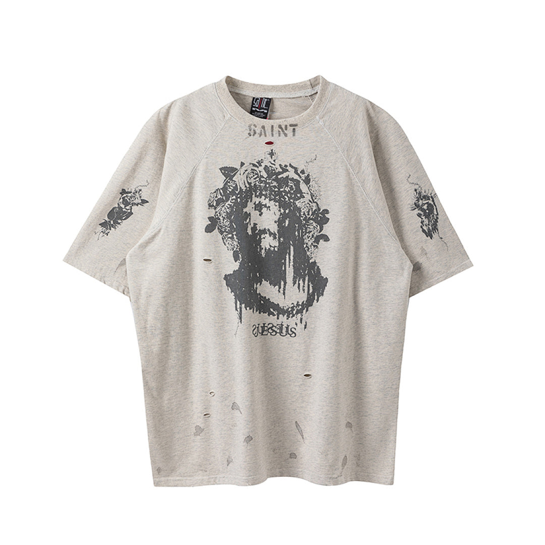 Saint Michael Jesus Distressed Ripped Raglan Vintage Tee