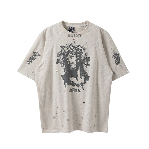 Saint Michael Jesus Distressed Ripped Raglan Vintage Tee