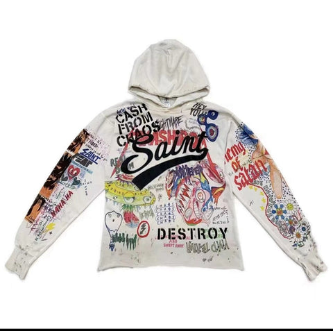 Saint Michael Chaos Graffiti All‑Over Print Vintage Raw‑Hem Hoodie